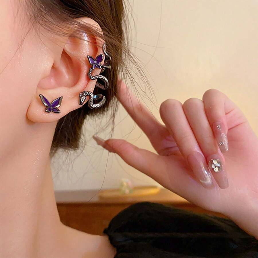 2 件裝深色酷炫蛇形耳骨夾帶蝴蝶不對稱耳釘,時尚女士獨特百搭耳飾