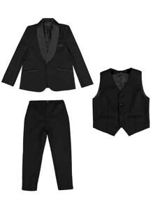 Young Boy Shawl Collar Long Sleeve Suit Jacket With Single Breasted Vest And Pants, Spring And Autumn Formal Dress Suit - Black - View 3