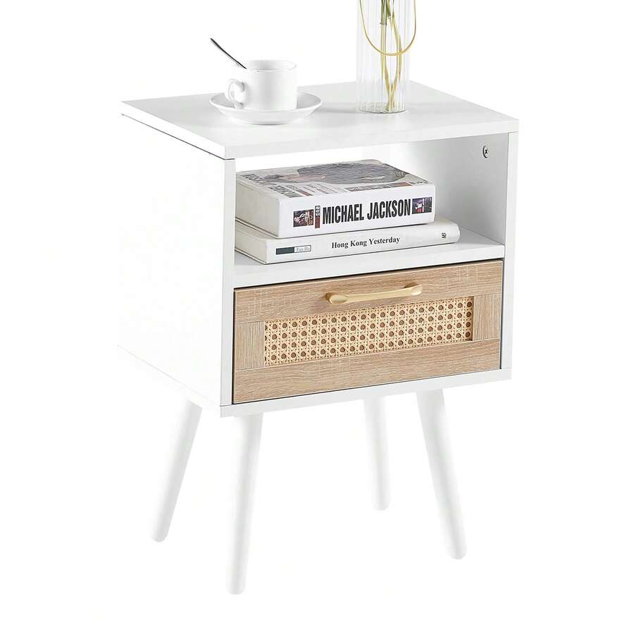 Rattan Nightstands, with Rattan Decor Drawer and Open Shelf, Bed Side Tables with Solid Wood Feet, End Table, Night Stands, for Bedroom, Living Room - trắng - Xem 1