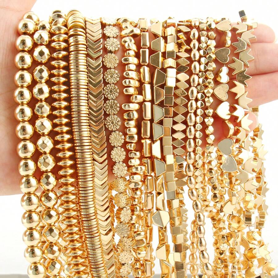 18k 镀金赤铁矿珠不对称圆形心形立方体圆珠隔珠适用于珠宝制作 DIY 手链项链 - 金色 - 查看 1