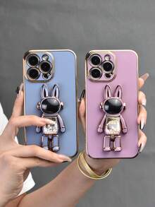 1pc Blue Plating Candy Rabbit Bracket Electroplated Phone Case With Hidden Stand, Shockproof Ultra-thin Protective Cover, Camera Lens Fully Covered, Voice Control Decompression Bracket, Soft Case Compatible With Iphone7 - Blue - View 2