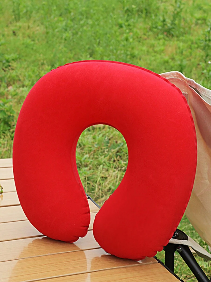 1個充氣u形紅色pvc設計枕頭,適用於戶外露營旅行家庭使用 - 紅色 - 查看 1