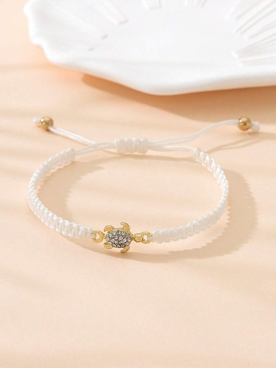 1 Pieza Pulsera Simple De Cuerda Trenzada Con Diseño De Tortuga Y Metal Y Piedras Preciosas Incrustadas Para Parejas - Blanco - Ver 1