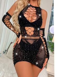 1pc Sexy Mesh Bodysuit + Hollow Out Mesh Dress See-through Lingerie Set - Black - View 3