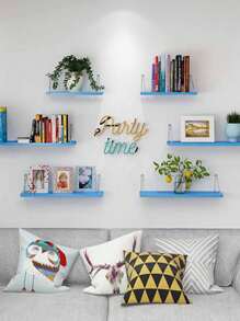 1pc Wall Mounted Shelf Without Drilling, Wall Decor Storage Rack With Board, Simple Shelf For Living Room - Blue - View 2