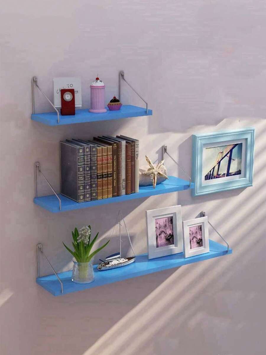 1pc Wall Mounted Shelf Without Drilling, Wall Decor Storage Rack With Board, Simple Shelf For Living Room - Blue - View 1