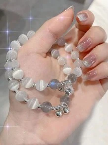 1入組彩色貓眼睛&月長石&水晶串珠鈴鐺手環適用於最好朋友或者戀人 - 紫色 - 查看 3