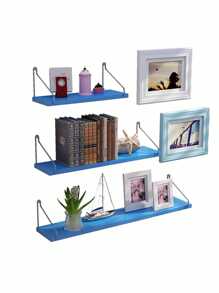 1pc Wall Mounted Shelf Without Drilling, Wall Decor Storage Rack With Board, Simple Shelf For Living Room - Blue - View 3