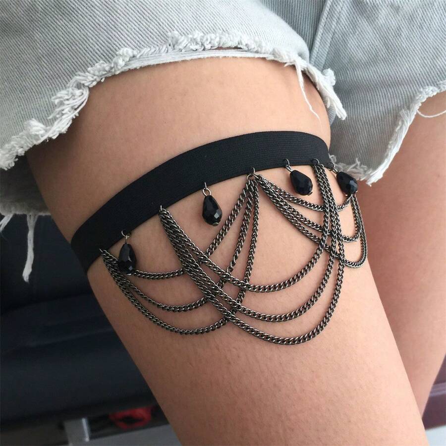 性感女性时尚流苏吊坠黑色腿链 - 黑色 - 查看 1