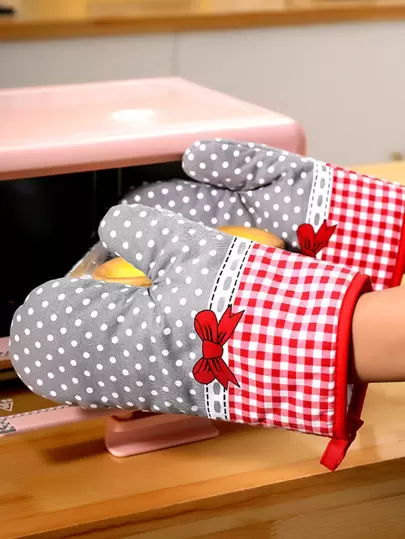 1只廚房耐熱手套,鄉村風格厚款格紋微波爐手套,烤箱手套和隔熱墊