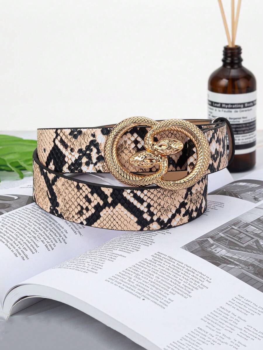 1pc Ladies' Vintage Double Snake Buckle Belt, Fashionable And Personalized Y2k Pu Leather Belt, Gothic Style Punk Belt With Snake Pattern For Halloween, Cosplay And Daily Wear, Black - Black - View 1