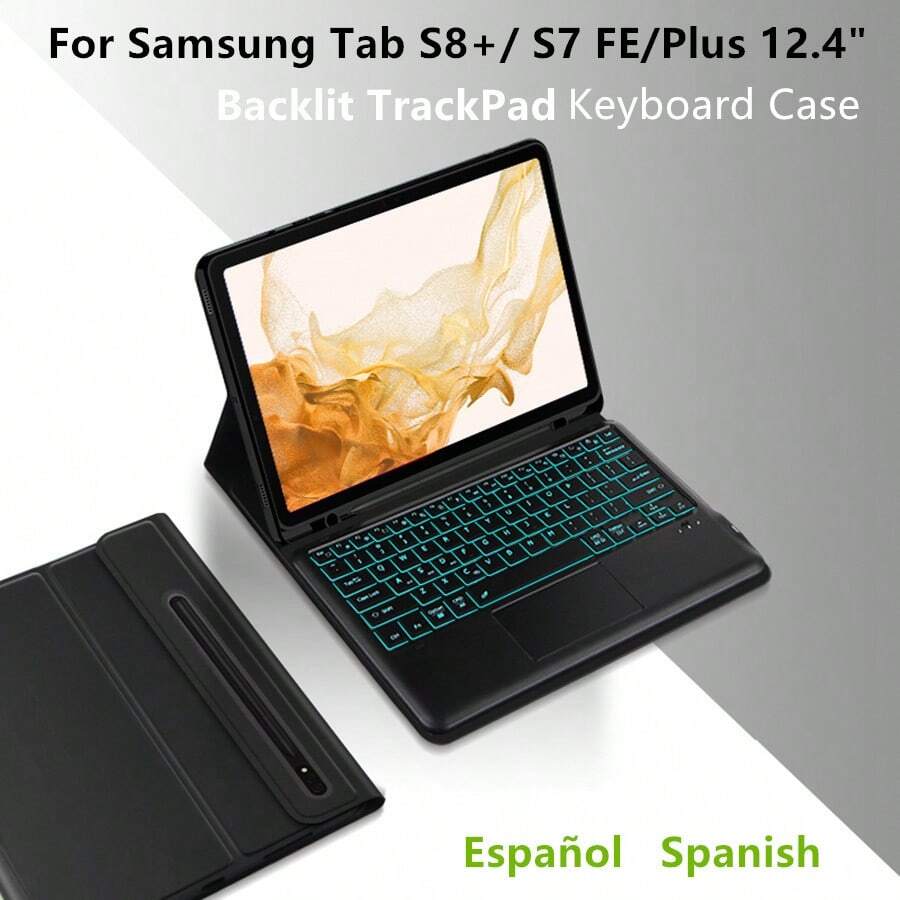 Bao da bàn phím TrackPad có đèn nền tiếng Tây Ban Nha Bao da tương thích với Galaxy Tab S8+ / S7 FE /Plus 12,4 inch S7fe X800 X806/T730 T735 T736/T970 T975 Máy tính bảng tách rời từ tính Bàn phím TouchPad thông minh mỏng - Bố cục đen-Tây Ban Nha - Xem 1