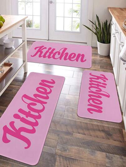 1/2 Stück rosa Text- und Grafikdruck Küchenvorleger, weicher Plüsch rechteckiger rutschfester Bodenläufer für Wohnzimmer, Esszimmer, Küche