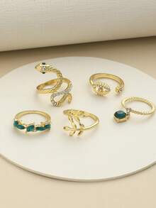 5入組/套優雅的蛇形戒指,帶有假祖母綠和鑽石裝飾,適合女性日常佩戴 - 金色 - 查看 3