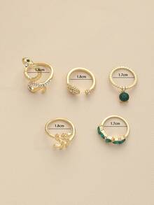 5入組/套優雅的蛇形戒指,帶有假祖母綠和鑽石裝飾,適合女性日常佩戴 - 金色 - 查看 4