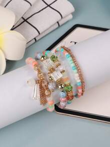 5pcs/set Bohemian Style Multi-layer Glass Beads Pendant Bracelet, Handmade Elastic String Adjustable Jewelry - Colorful - View 3