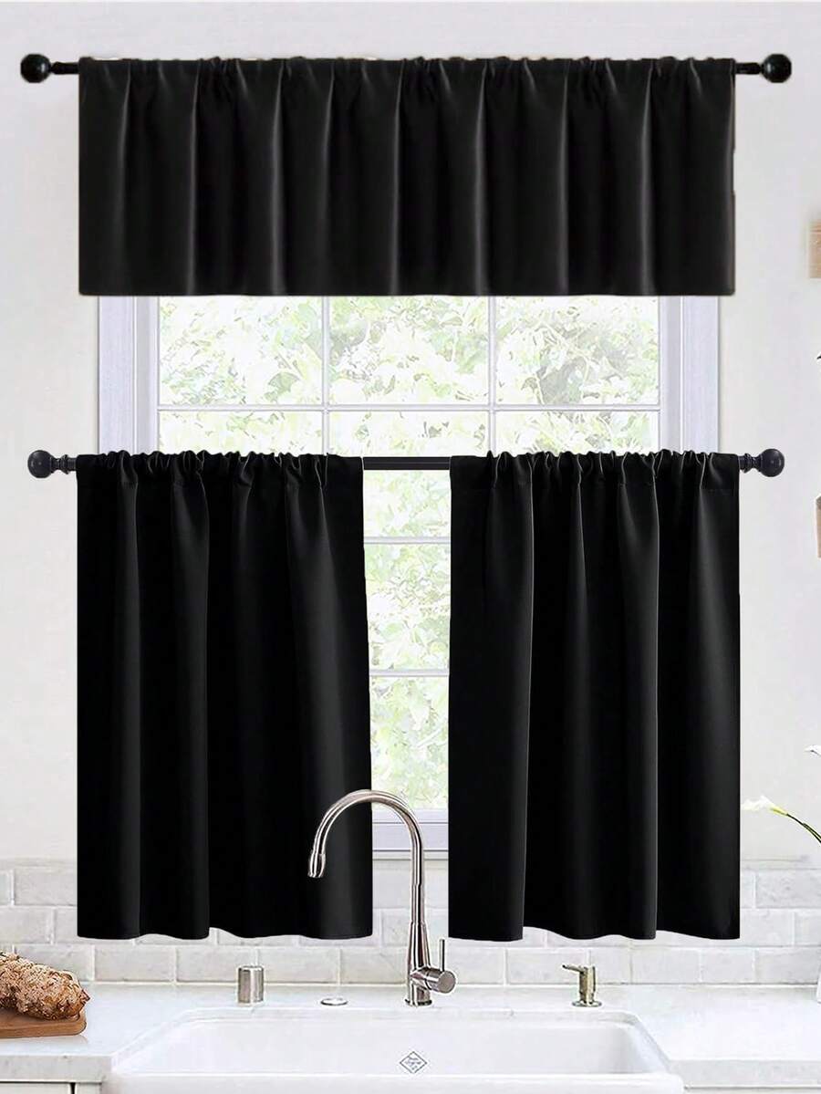 1入組純色桿袋隔光廚房短窗簾,適用於臥室,廚房短窗簾和多層小窗簾 - 黑色 - 查看 1