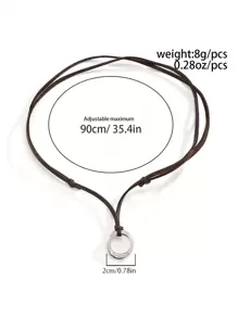 1pc Men's Retro Punk Style Round Pendant Pu Leather Necklace - Brown - View 6