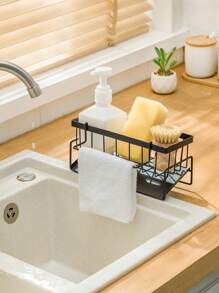 1pc Kitchen Storage Rack, Sink Side Storage Shelf, Drain Rack, Sponge Organizer, Small Items Storage Shelf - Black - View 6