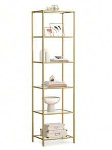 VASAGLE Regal mit 6 Ablagen, Badregal, gehärtetes Glas, einfache Montage, für Badezimmer, Wohnzimmer, Küche, Büro - Gold - Übersicht 1