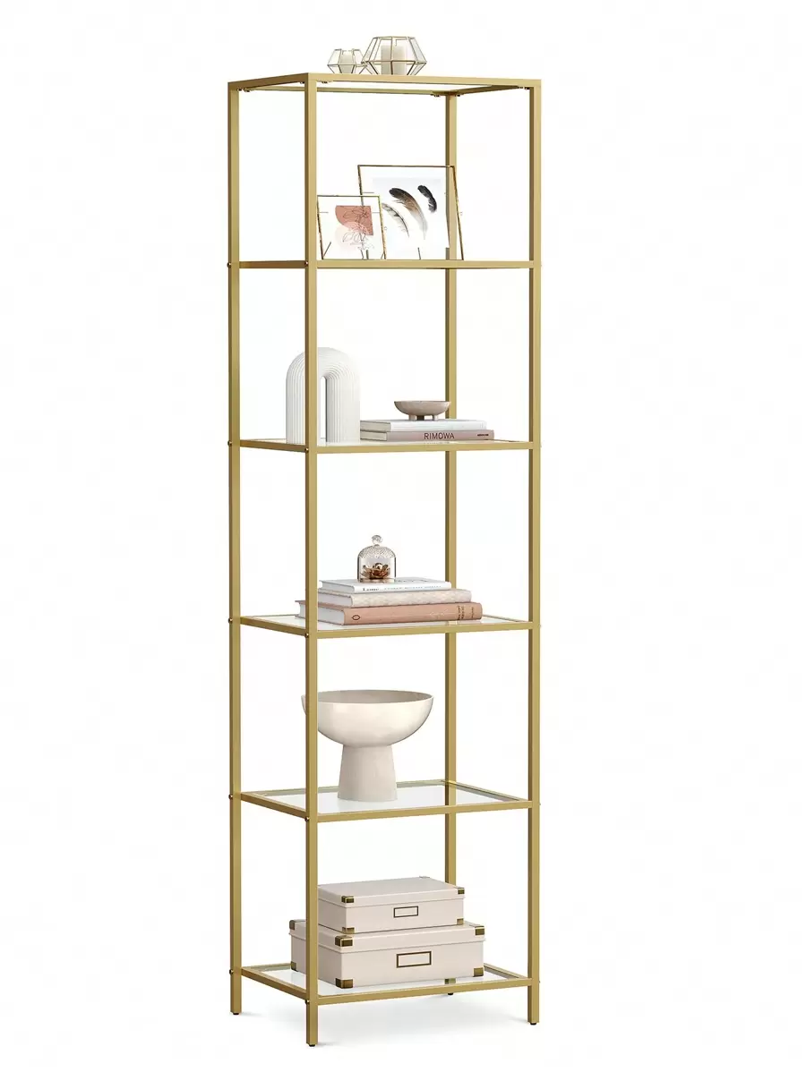 VASAGLE Regal mit 6 Ablagen, Badregal, gehärtetes Glas, einfache Montage, für Badezimmer, Wohnzimmer, Küche, Büro - Gold - Übersicht 1