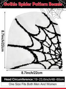 Y2k哥德式蜘蛛紋經典針織帽,女用無邊帽冬季保暖活動帽男女時尚百搭側標 - 白色 - 查看 3