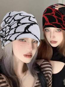 Y2k哥德式蜘蛛紋經典針織帽,女用無邊帽冬季保暖活動帽男女時尚百搭側標 - 白色 - 查看 2