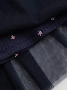 Young Girls' Fashionable And Lovely Velvet Thermal Print Splice Mesh Lace Round Neck Long Sleeve Dress For Autumn - Navy Blue - View 6