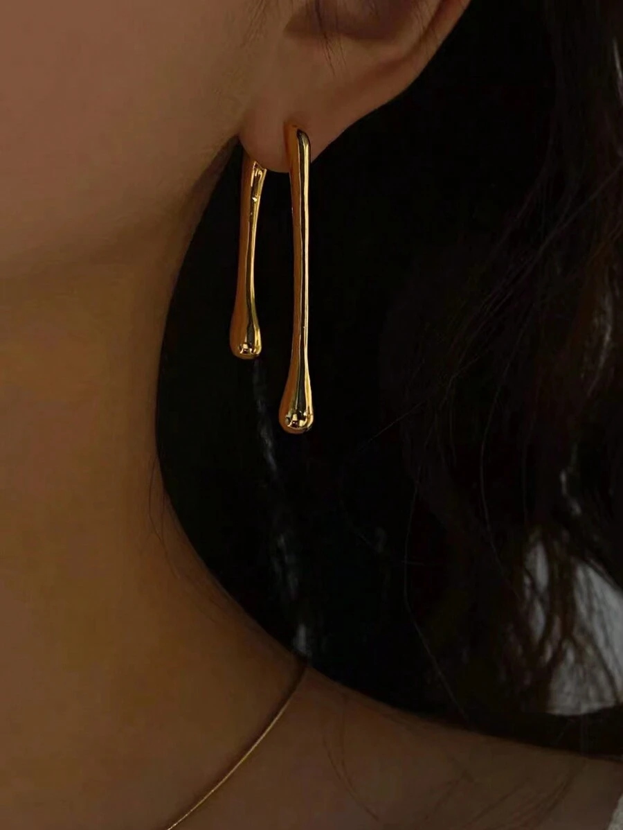 1pair European And American Simple Long Metal Dangling Water Drop Earrings, Unique Minimalist Design, Fashionable Ear Jewelry - Gold - View 1