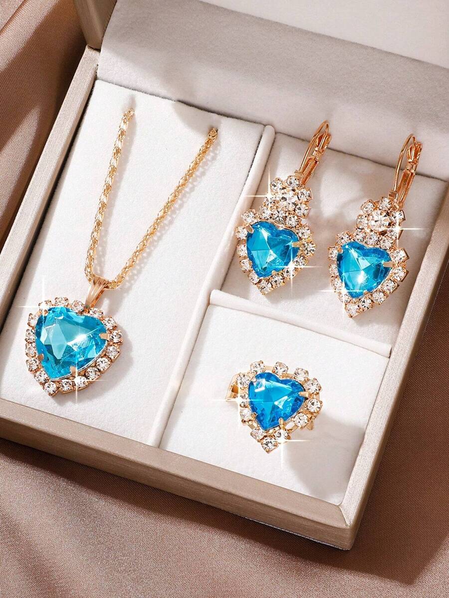 4 cái/bộ Bộ trang sức trang trí trái tim bằng đá rhinestone - Màu xanh nhạt - Xem 1