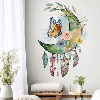 1 件家居装饰自粘 PVC 壁纸，无异味，蝴蝶和月亮图案墙贴，贴纸，墙贴花，用于家居装饰的乙烯基贴花，春季装饰品让您的家焕然一新，Rama 装饰贴纸