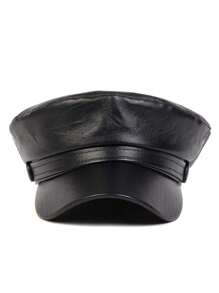 Ladies' Solid Color Pu Leather Beret Cap - Black - View 3