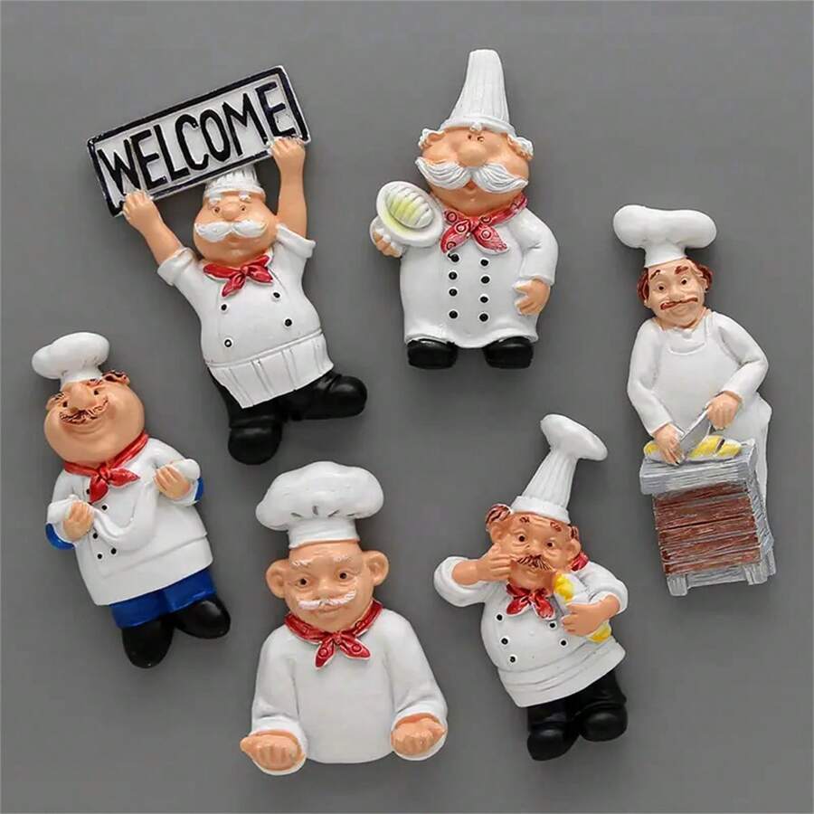 6pcs, Kitchen Chef Refrigerator Magnet, Cartoon Fridge Magnet, 3D Magnetic Stickers, Refrigerator Decoration, Cute Things, Kitchen Decoration Collection, Home Decor, Room Decor, Birthday Gift - White - View 1