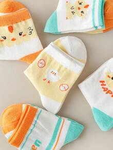 5雙/套女童卡通小雞中筒襪適合四季日常穿著 - 彩色 - 查看 5