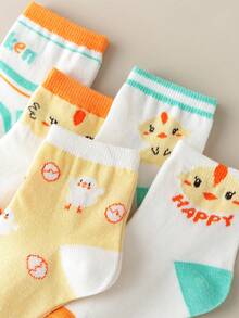 5雙/套女童卡通小雞中筒襪適合四季日常穿著 - 彩色 - 查看 4