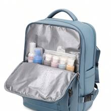 17吋大容量多層間usb充電口干濕分離主間隔採用開放式設計&独立鞋隔&電腦隔,背包還搭載胸扣&透氣背墊&拉鍊系統&帶有手柄背帶可固定手推杆箱,聚酯纖維背包適合休閒和日常旅行 - 藍色 - 查看 5