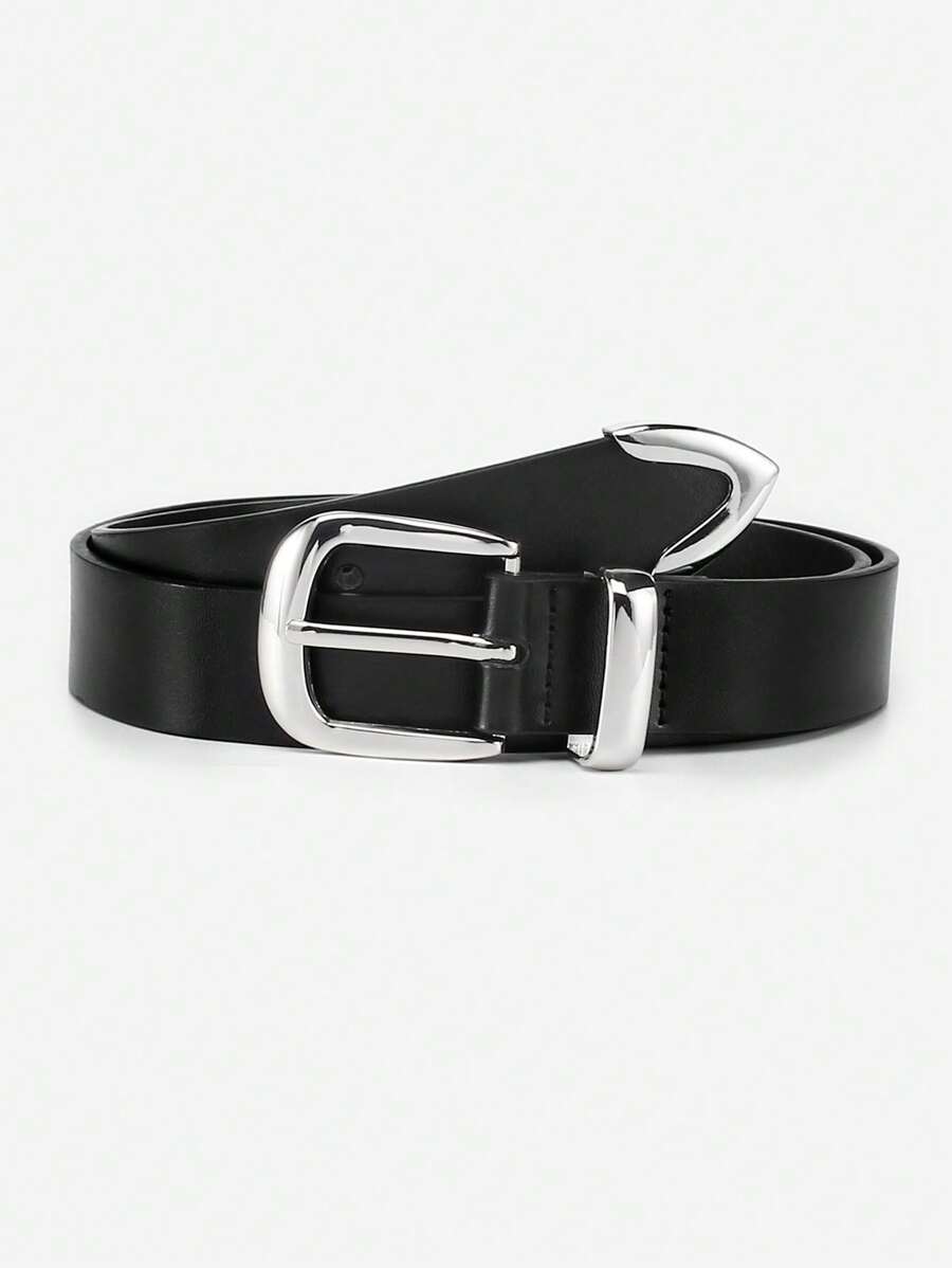 1pc Women's Silver Buckle Metal Ring Casual Pu Belt, Suitable For Daily Life Summer, School Fall, Autumn, Halloween - Black - View 1