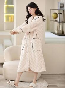 1 件女式珊瑚絨浴袍,可作為家居服穿著,冬季 - 米色 - 查看 7