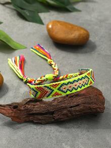 1條多彩波西米亞編織手鍊,女性時尚可調式彩色毛絨吉祥手鍊 - 熒光色 - 查看 2