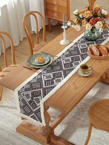 1pc Christmas Themed Jacquard Table Runner With Tassels For Dining Table - Black - View 2