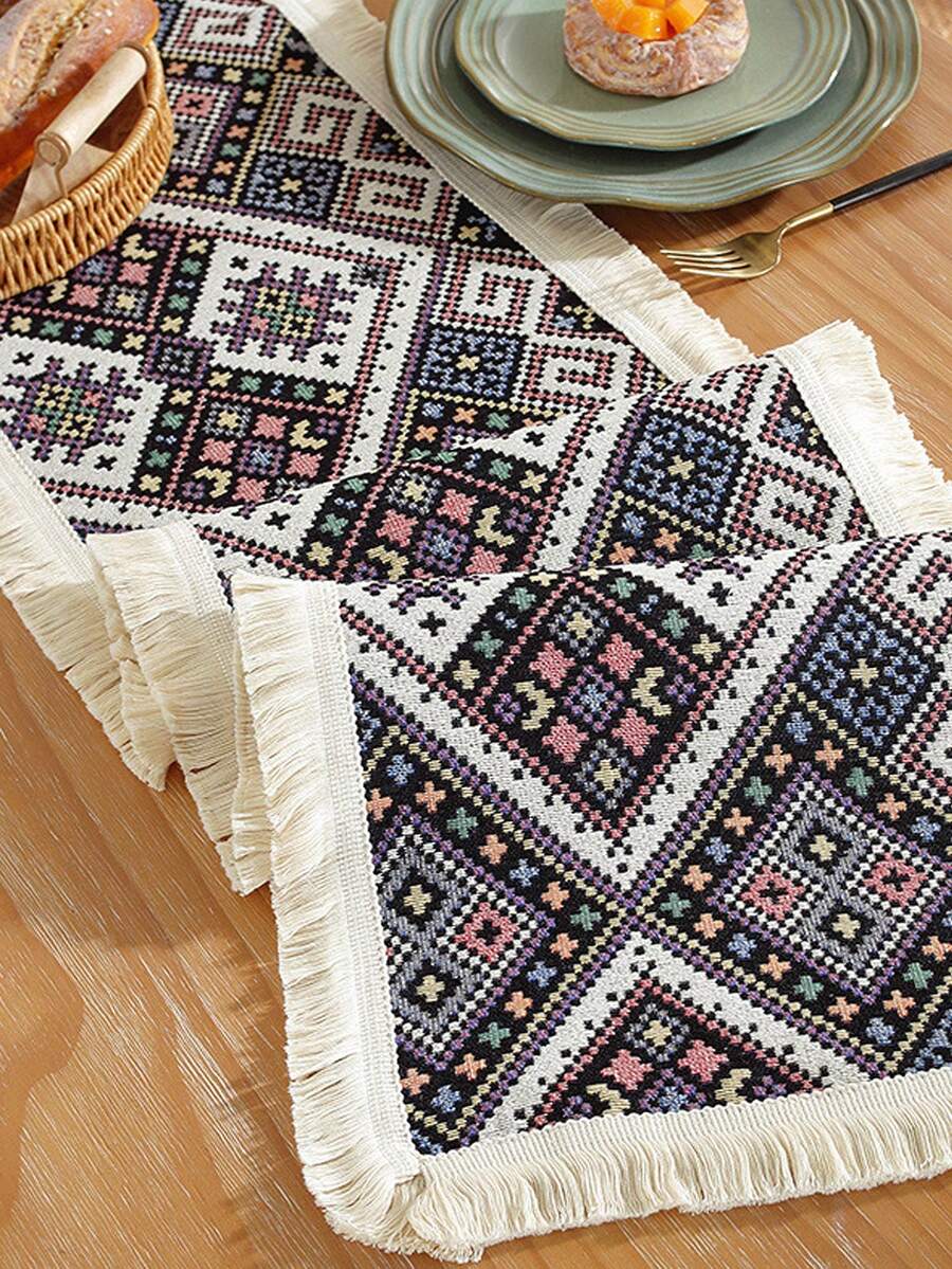 1pc Christmas Themed Jacquard Table Runner With Tassels For Dining Table - Black - View 1