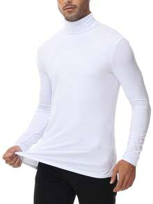 男士高領基本款衫,長袖修身加絨內裡保暖,長袖內衣,彈性,舒適透氣 - 白色 - 查看 3