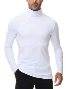 男士高領基本款衫,長袖修身加絨內裡保暖,長袖內衣,彈性,舒適透氣 - 白色 - 查看 1