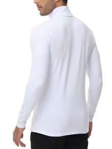 男士高領基本款衫,長袖修身加絨內裡保暖,長袖內衣,彈性,舒適透氣 - 白色 - 查看 5