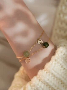 BALMORA 1 件 S925 纯银人造玉石手链吉祥圆珠手链女士珠宝生日礼物