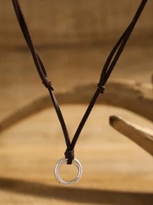 1pc Men's Retro Punk Style Round Pendant Pu Leather Necklace - Brown - View 3