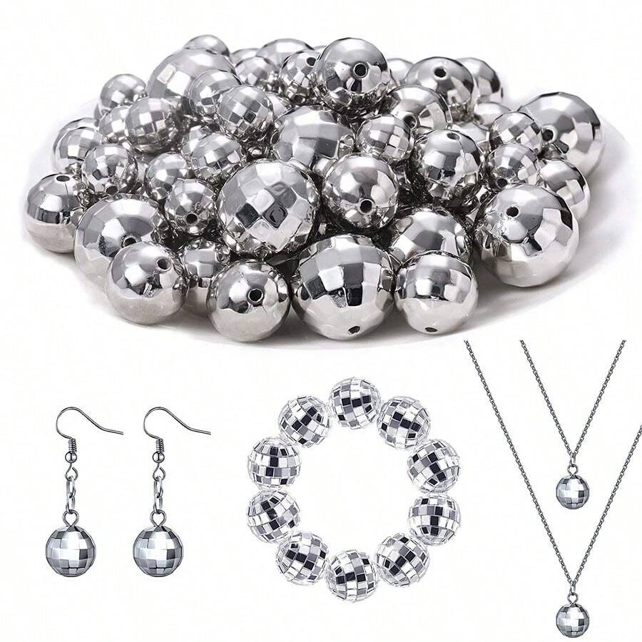 7pcs Mirror Disco Ball Shaped Beads For Diy Jewelry Making, Bracelet, Necklace, Earrings, Etc. (50pcs 8mm, 20pcs 10mm, 20pcs 12mm) Ideal For Retro Outfit, Festival Party Gift - 140 pieces in mixed sizes - View 1