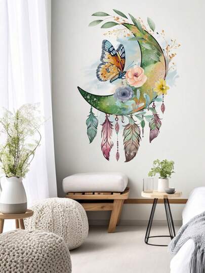 قطعة واحدة ورق حائط لاصق ذاتي من البولي فينيل كلوريد، بدون رائحة، ملصق حائط بنمط الفراشة والقمر، ملصقات، ديكور حائط، ملصق فينيل لديكورات المنزل، عناصر ديكور الربيع لتجديد منزلك، ملصقات ديكور رامة