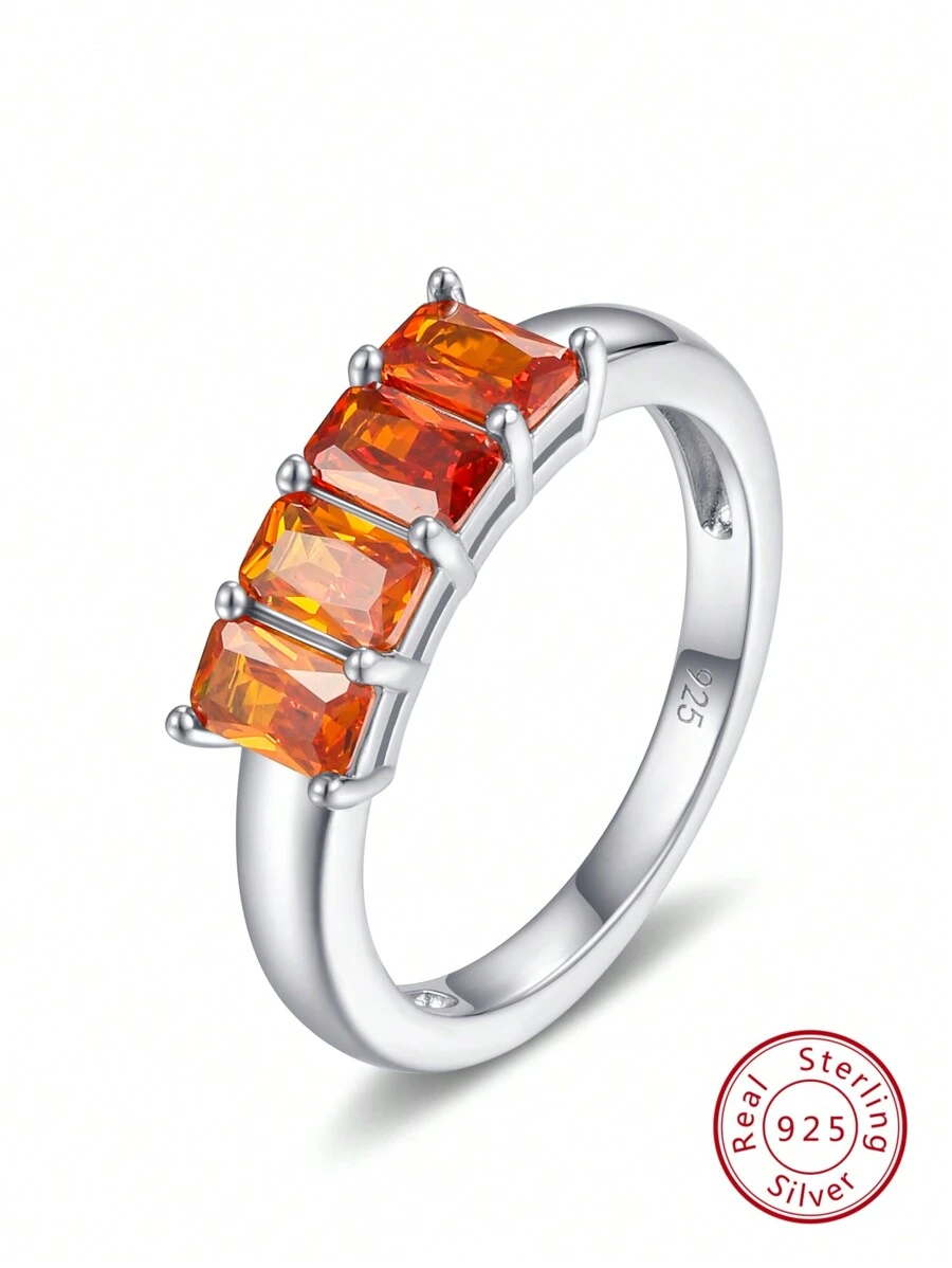 1pc Simple & Chic S925 Sterling Silver Ring Featuring Hand-set Orange Octagon-cut Stone, Perfect For Daily Wear For Women - Silver - View 1