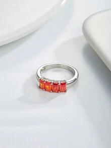 1pc Simple & Chic S925 Sterling Silver Ring Featuring Hand-set Orange Octagon-cut Stone, Perfect For Daily Wear For Women - Silver - View 3